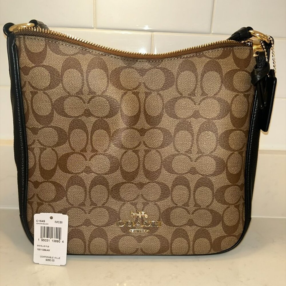 Coach Ellie File Bag in Signature Canvas Gold, Khaki (tan), Black